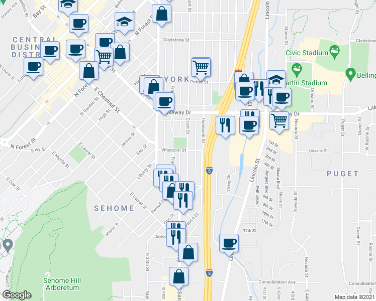 map of restaurants, bars, coffee shops, grocery stores, and more near Grant St & Whatcom St in Bellingham