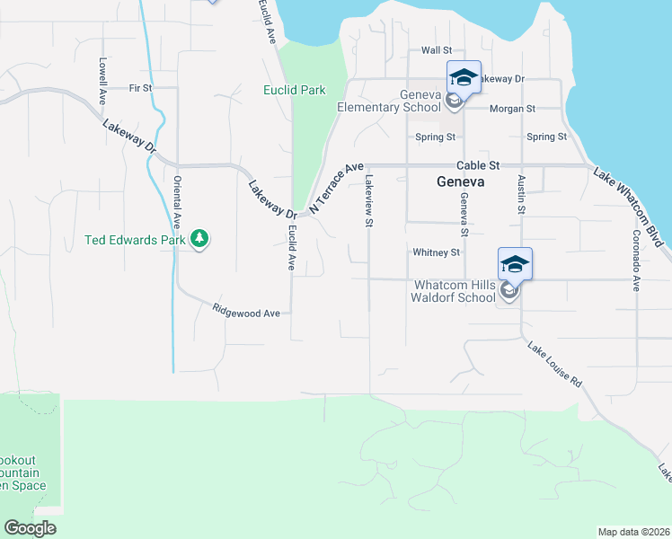 map of restaurants, bars, coffee shops, grocery stores, and more near 1222 Geneva Hills Road in Bellingham