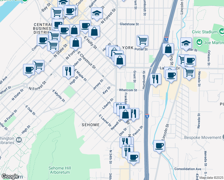 map of restaurants, bars, coffee shops, grocery stores, and more near 1151 Liberty Street in Bellingham