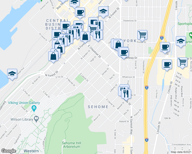 map of restaurants, bars, coffee shops, grocery stores, and more near 1013 Jersey Street in Bellingham