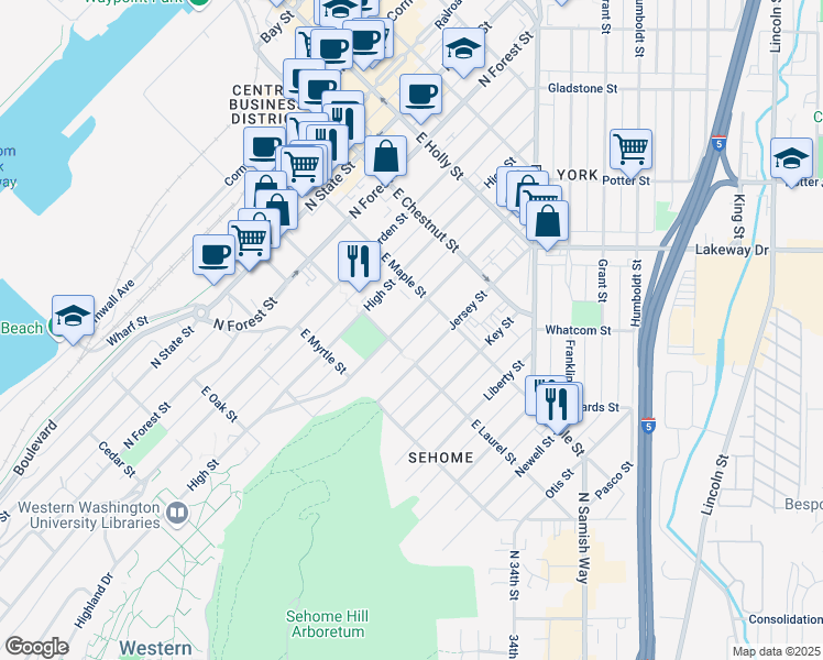 map of restaurants, bars, coffee shops, grocery stores, and more near 1013 Jersey Street in Bellingham