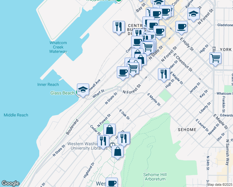 map of restaurants, bars, coffee shops, grocery stores, and more near 704 North State Street in Bellingham
