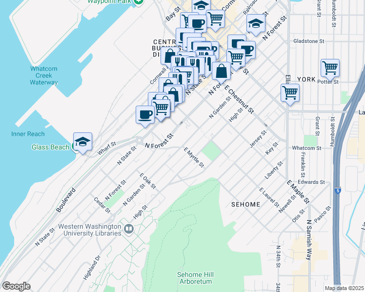 map of restaurants, bars, coffee shops, grocery stores, and more near N Garden St & E Myrtle St in Bellingham