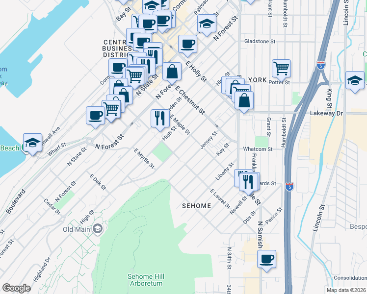 map of restaurants, bars, coffee shops, grocery stores, and more near 1013 Jersey Street in Bellingham