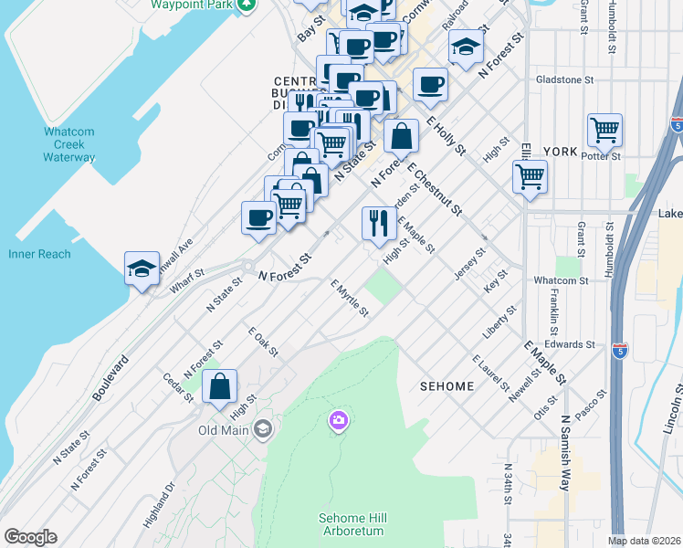 map of restaurants, bars, coffee shops, grocery stores, and more near 906 North Garden Street in Bellingham
