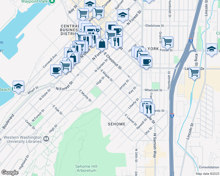map of restaurants, bars, coffee shops, grocery stores, and more near 1016 Billy Frank Jr. Street in Bellingham