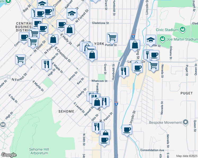map of restaurants, bars, coffee shops, grocery stores, and more near 1200 Franklin Street in Bellingham