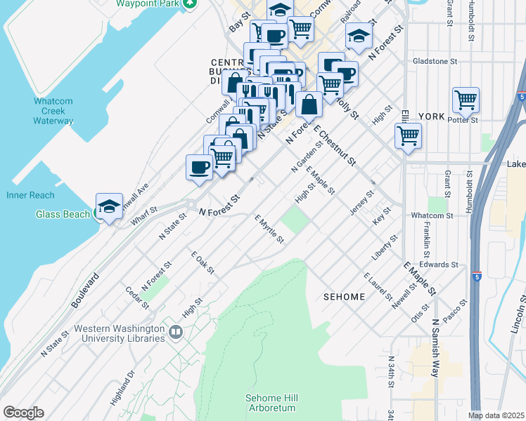 map of restaurants, bars, coffee shops, grocery stores, and more near 906 North Garden Street in Bellingham