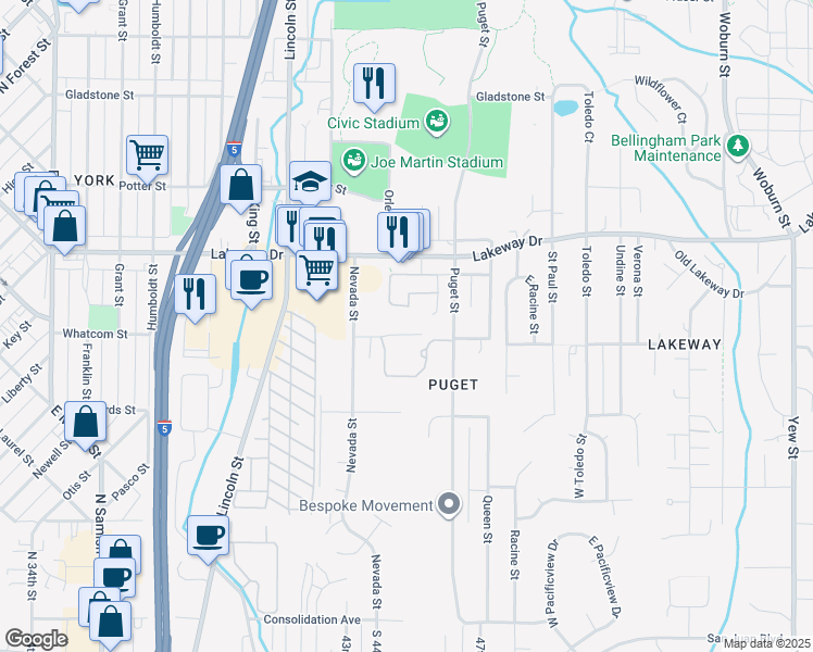 map of restaurants, bars, coffee shops, grocery stores, and more near 1301 Whatcom Street in Bellingham