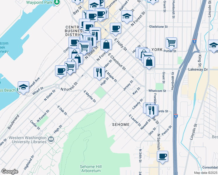 map of restaurants, bars, coffee shops, grocery stores, and more near 1011 Billy Frank Jr. Street in Bellingham
