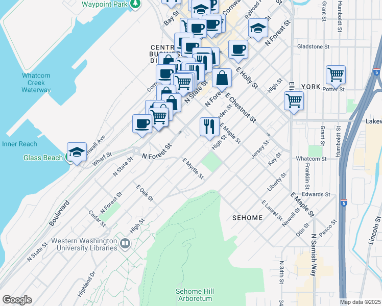 map of restaurants, bars, coffee shops, grocery stores, and more near 910 North Garden Street in Bellingham