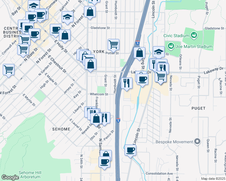 map of restaurants, bars, coffee shops, grocery stores, and more near 1211 Humboldt Street in Bellingham
