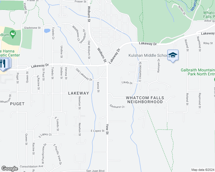 map of restaurants, bars, coffee shops, grocery stores, and more near 1216 Yew Street in Bellingham