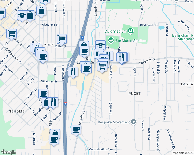 map of restaurants, bars, coffee shops, grocery stores, and more near 1030 Lakeway Dr in Bellingham