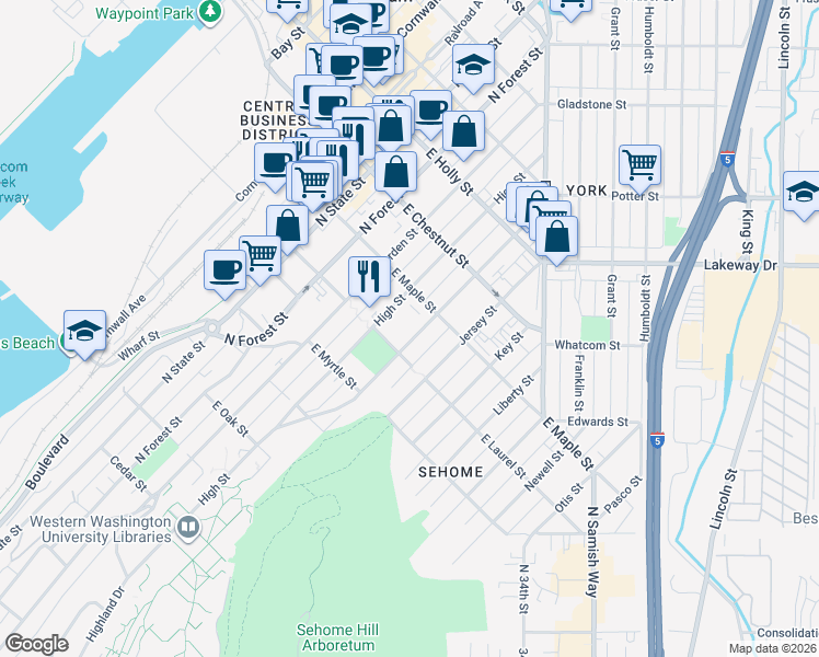 map of restaurants, bars, coffee shops, grocery stores, and more near 605 East Maple Street in Bellingham