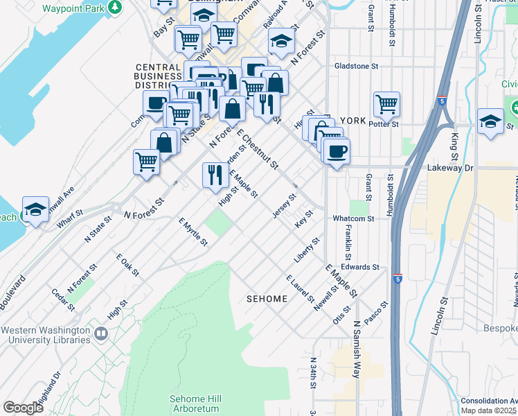 map of restaurants, bars, coffee shops, grocery stores, and more near 605 East Maple Street in Bellingham