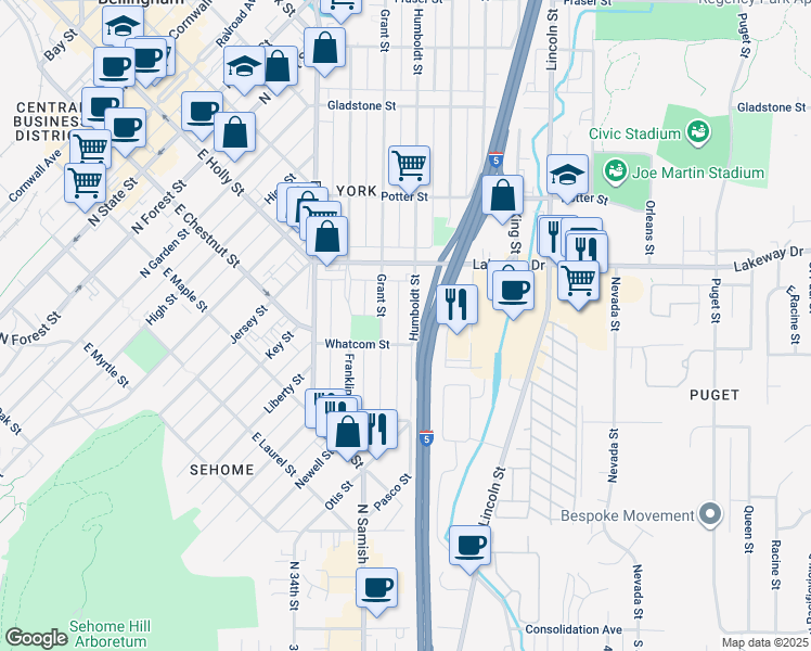 map of restaurants, bars, coffee shops, grocery stores, and more near 1215 Humboldt Street in Bellingham