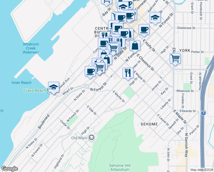 map of restaurants, bars, coffee shops, grocery stores, and more near 900 North Forest Street in Bellingham