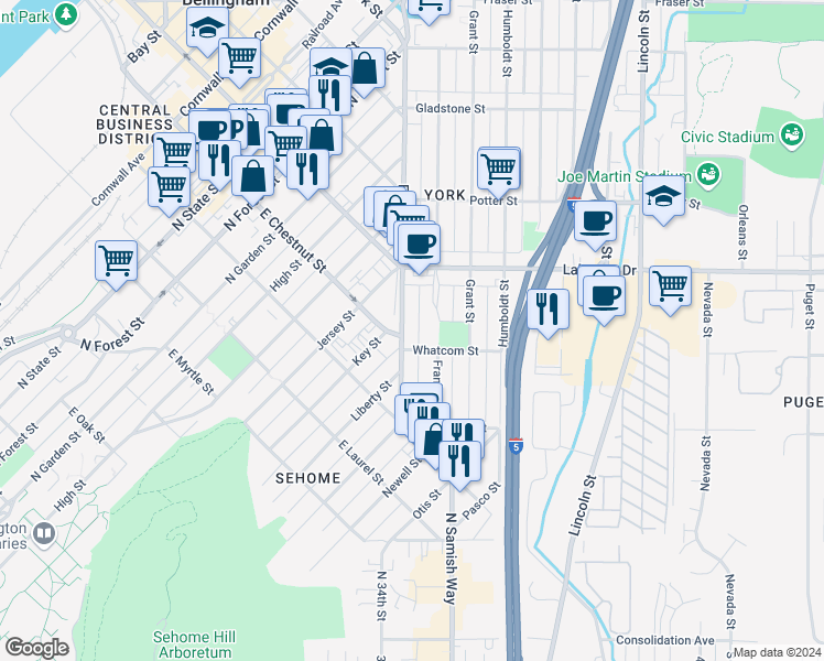 map of restaurants, bars, coffee shops, grocery stores, and more near 1212 Ellis Street in Bellingham