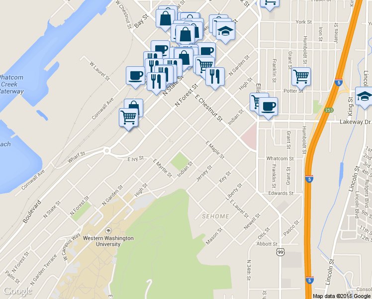 map of restaurants, bars, coffee shops, grocery stores, and more near 1015 High Street in Bellingham