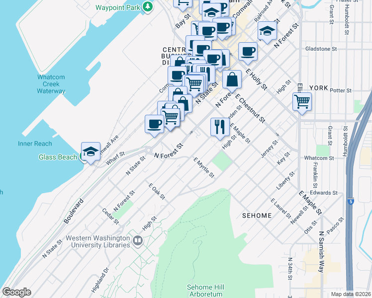 map of restaurants, bars, coffee shops, grocery stores, and more near in Bellingham