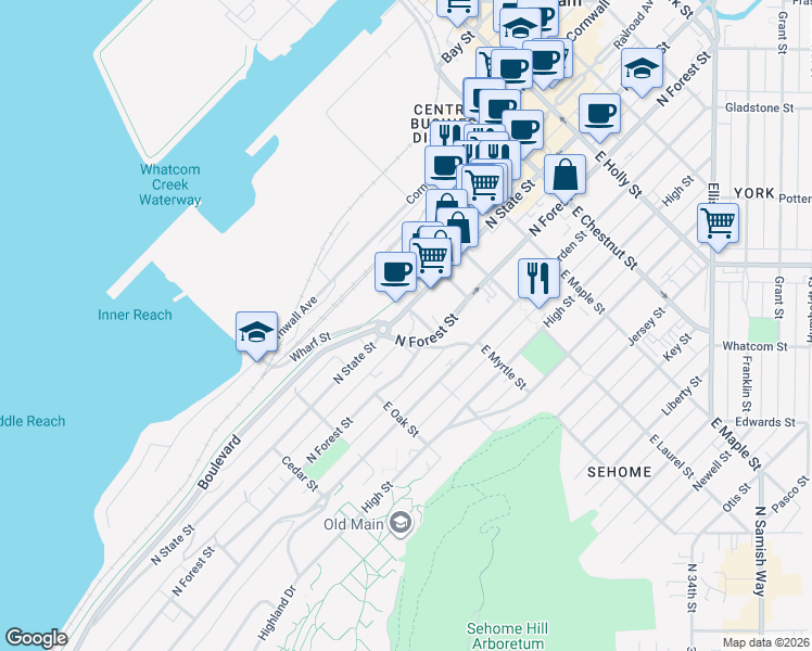 map of restaurants, bars, coffee shops, grocery stores, and more near 835 North State Street in Bellingham