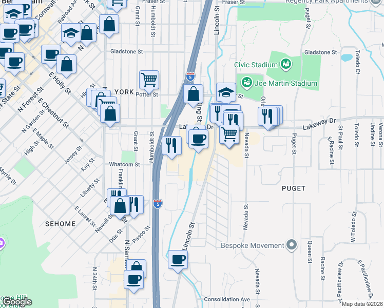 map of restaurants, bars, coffee shops, grocery stores, and more near 800 Lakeway Drive in Bellingham
