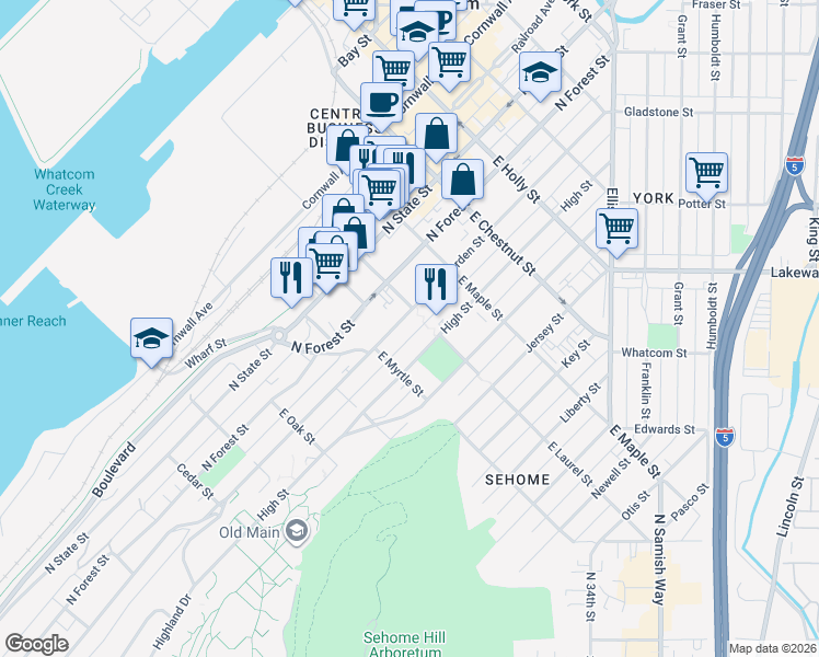 map of restaurants, bars, coffee shops, grocery stores, and more near 1000 North Garden Street in Bellingham