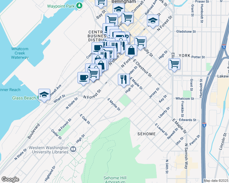 map of restaurants, bars, coffee shops, grocery stores, and more near 1000 North Garden Street in Bellingham