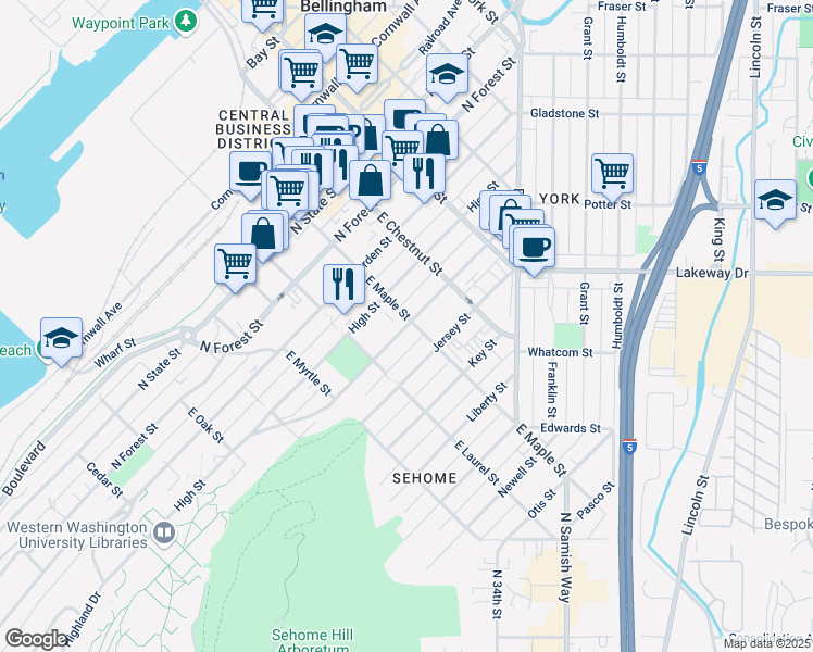 map of restaurants, bars, coffee shops, grocery stores, and more near 605 East Maple Street in Bellingham