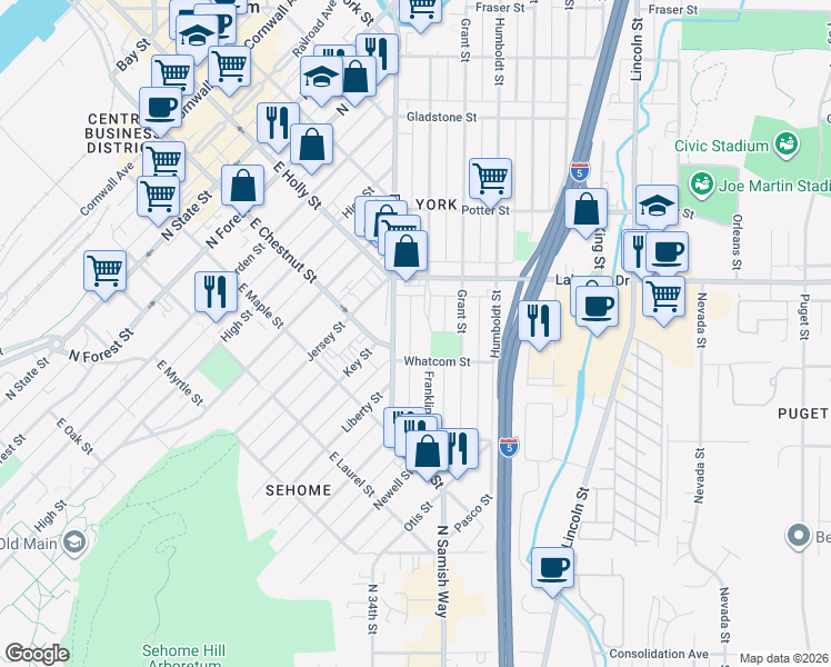 map of restaurants, bars, coffee shops, grocery stores, and more near 1233 Franklin Street in Bellingham