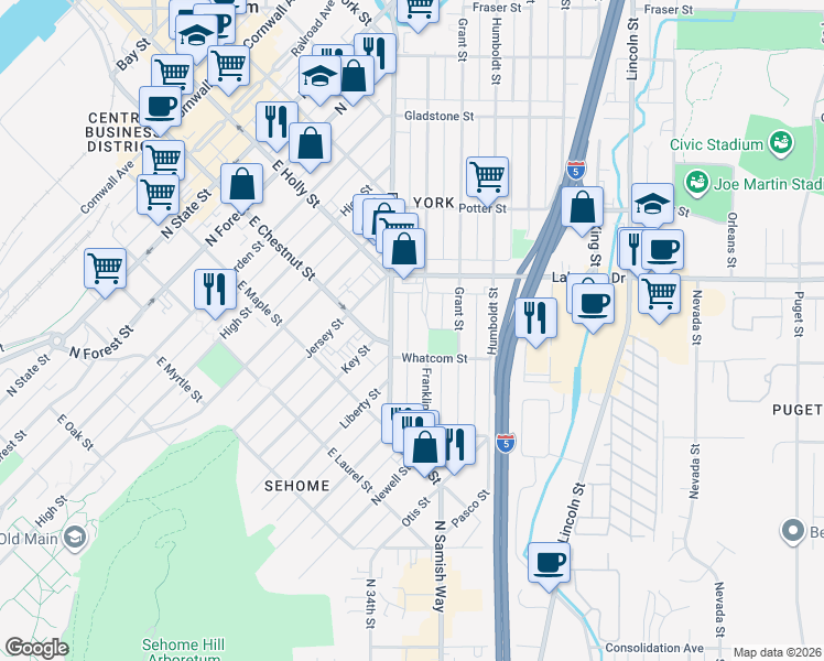 map of restaurants, bars, coffee shops, grocery stores, and more near 1233 Franklin Street in Bellingham