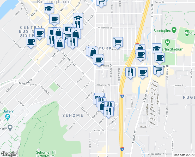 map of restaurants, bars, coffee shops, grocery stores, and more near in Bellingham