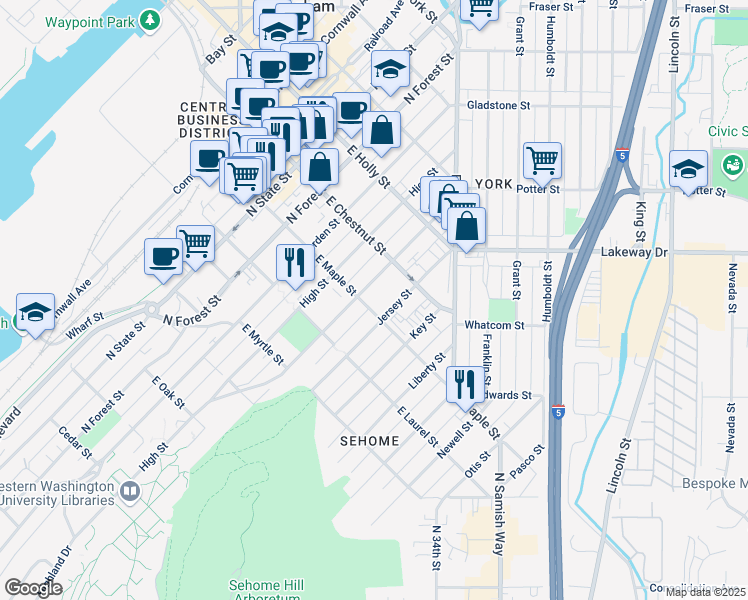 map of restaurants, bars, coffee shops, grocery stores, and more near 708 East Chestnut Street in Bellingham