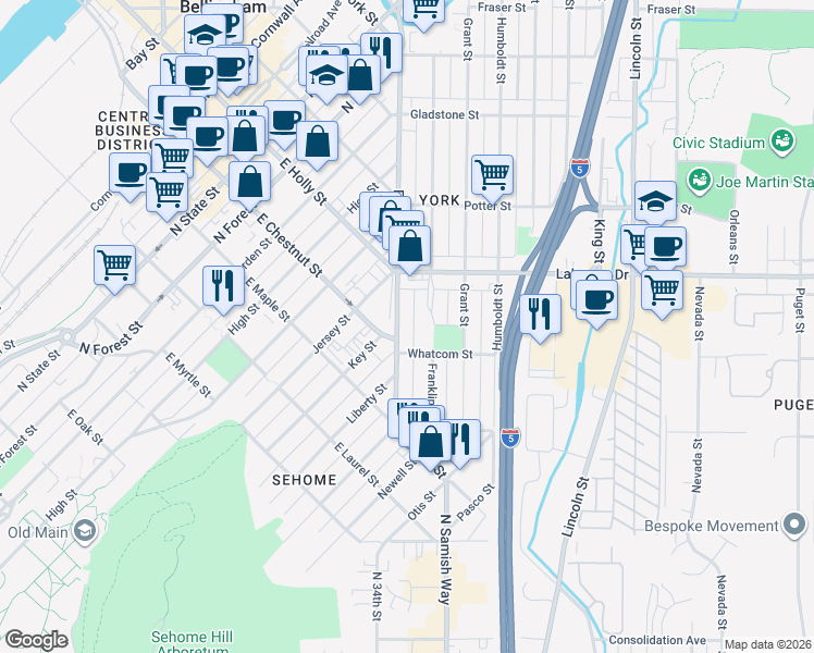map of restaurants, bars, coffee shops, grocery stores, and more near in Bellingham
