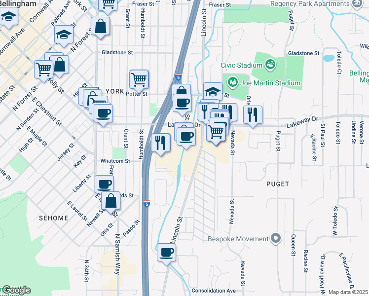 map of restaurants, bars, coffee shops, grocery stores, and more near 800 Lakeway Drive in Bellingham