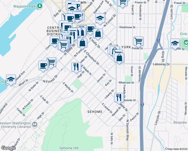 map of restaurants, bars, coffee shops, grocery stores, and more near 708 East Chestnut Street in Bellingham