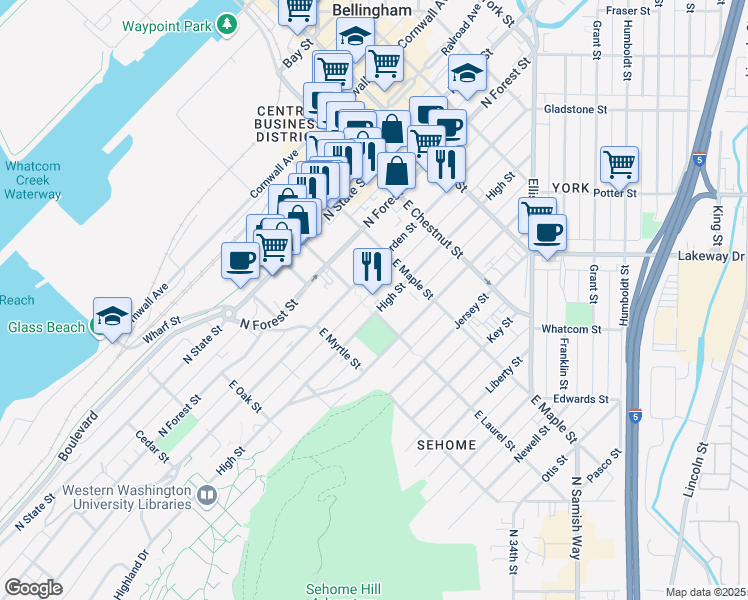 map of restaurants, bars, coffee shops, grocery stores, and more near 1015 High Street in Bellingham