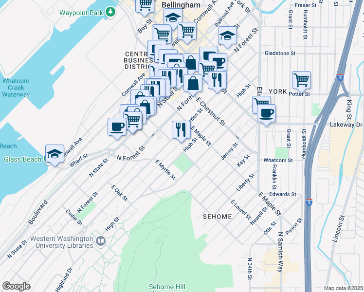 map of restaurants, bars, coffee shops, grocery stores, and more near 1007 High Street in Bellingham