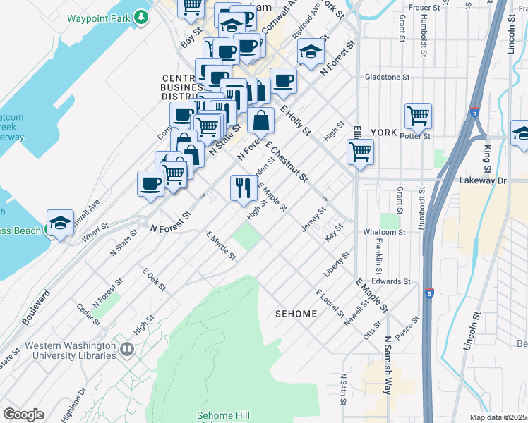 map of restaurants, bars, coffee shops, grocery stores, and more near 1015 High Street in Bellingham