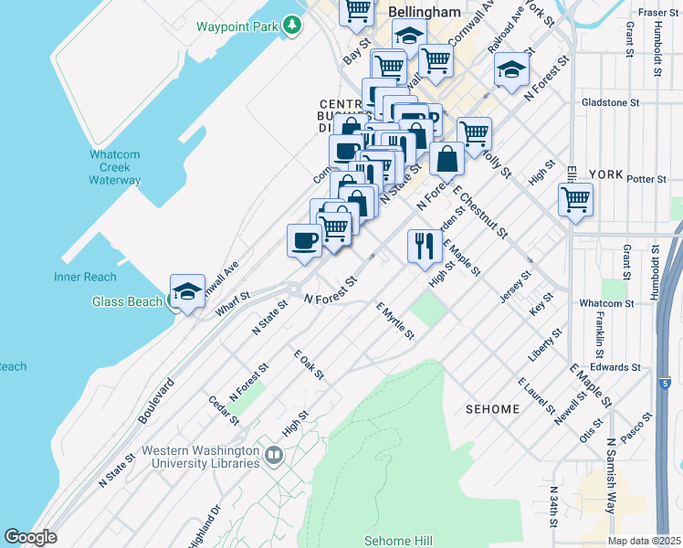 map of restaurants, bars, coffee shops, grocery stores, and more near 901 North Forest Street in Bellingham