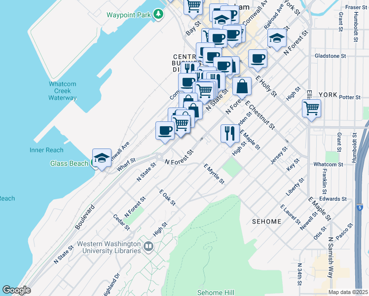 map of restaurants, bars, coffee shops, grocery stores, and more near 901 North Forest Street in Bellingham