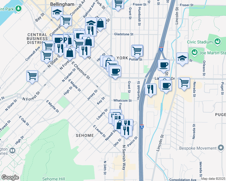 map of restaurants, bars, coffee shops, grocery stores, and more near in Bellingham