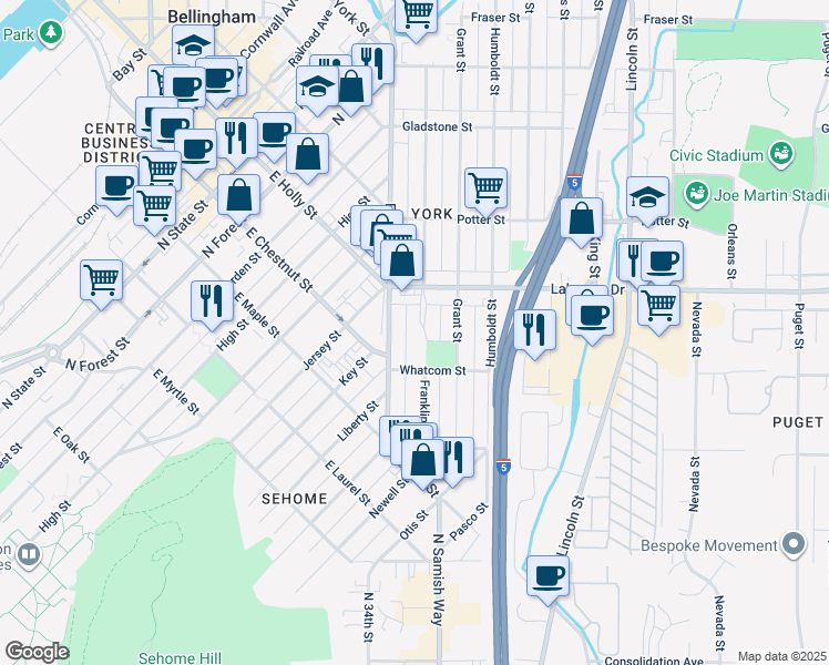map of restaurants, bars, coffee shops, grocery stores, and more near 1233 Franklin Street in Bellingham