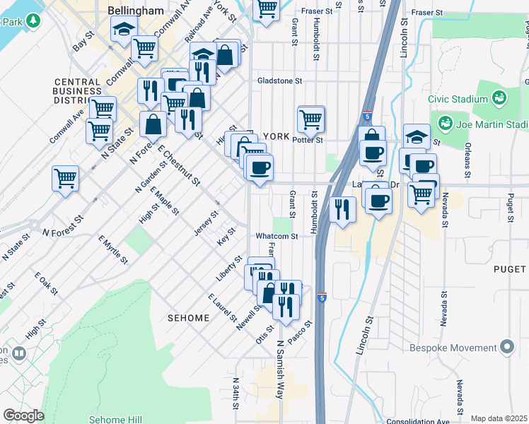 map of restaurants, bars, coffee shops, grocery stores, and more near 1231 Franklin Street in Bellingham