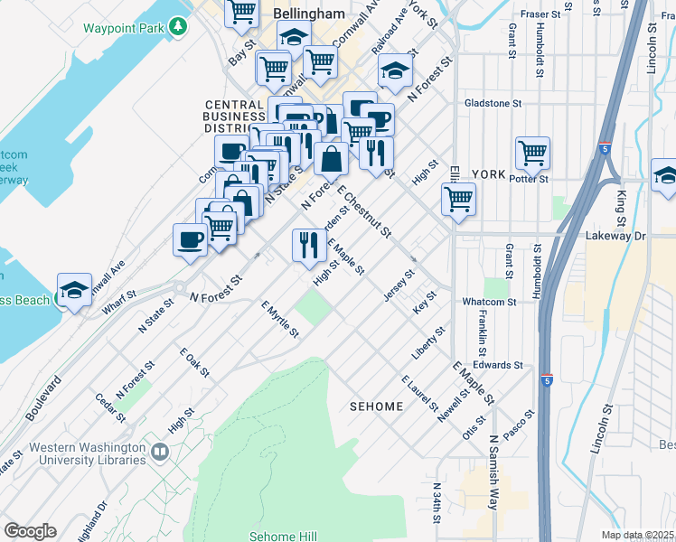 map of restaurants, bars, coffee shops, grocery stores, and more near 1015 High Street in Bellingham