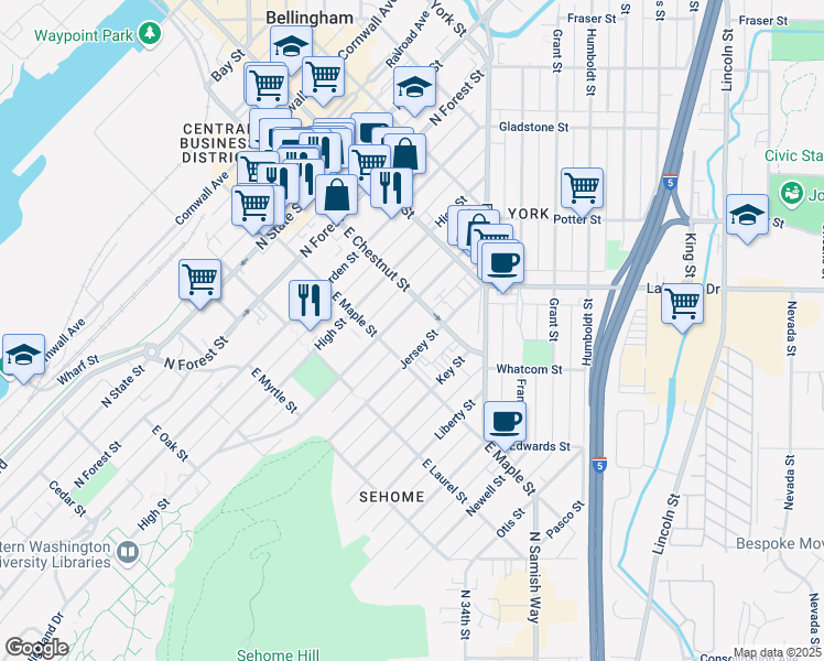 map of restaurants, bars, coffee shops, grocery stores, and more near 708 East Chestnut Street in Bellingham