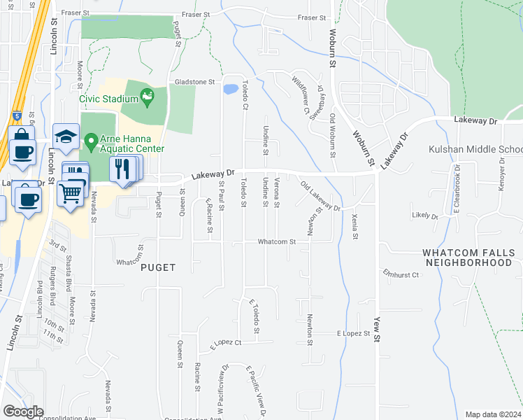 map of restaurants, bars, coffee shops, grocery stores, and more near 1229 Undine Street in Bellingham