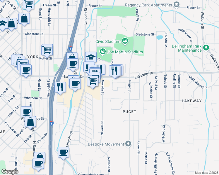 map of restaurants, bars, coffee shops, grocery stores, and more near 1320 Lakeway Drive in Bellingham