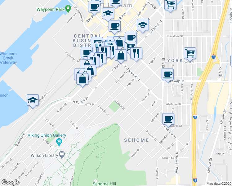 map of restaurants, bars, coffee shops, grocery stores, and more near 1015 High Street in Bellingham